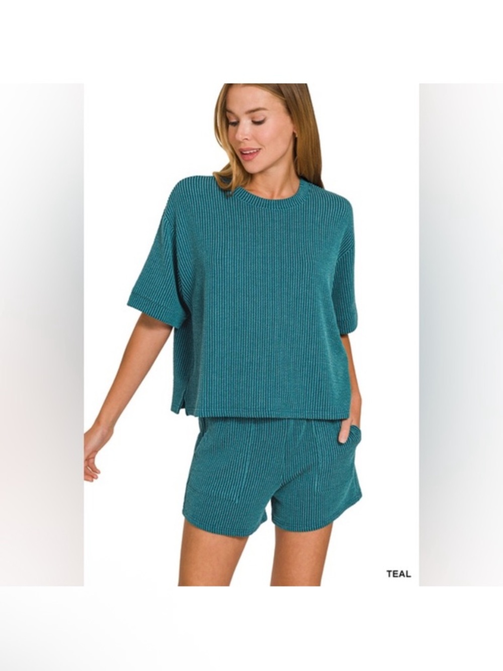 Zenana Outfitters Teal Ribbed Lounge Set